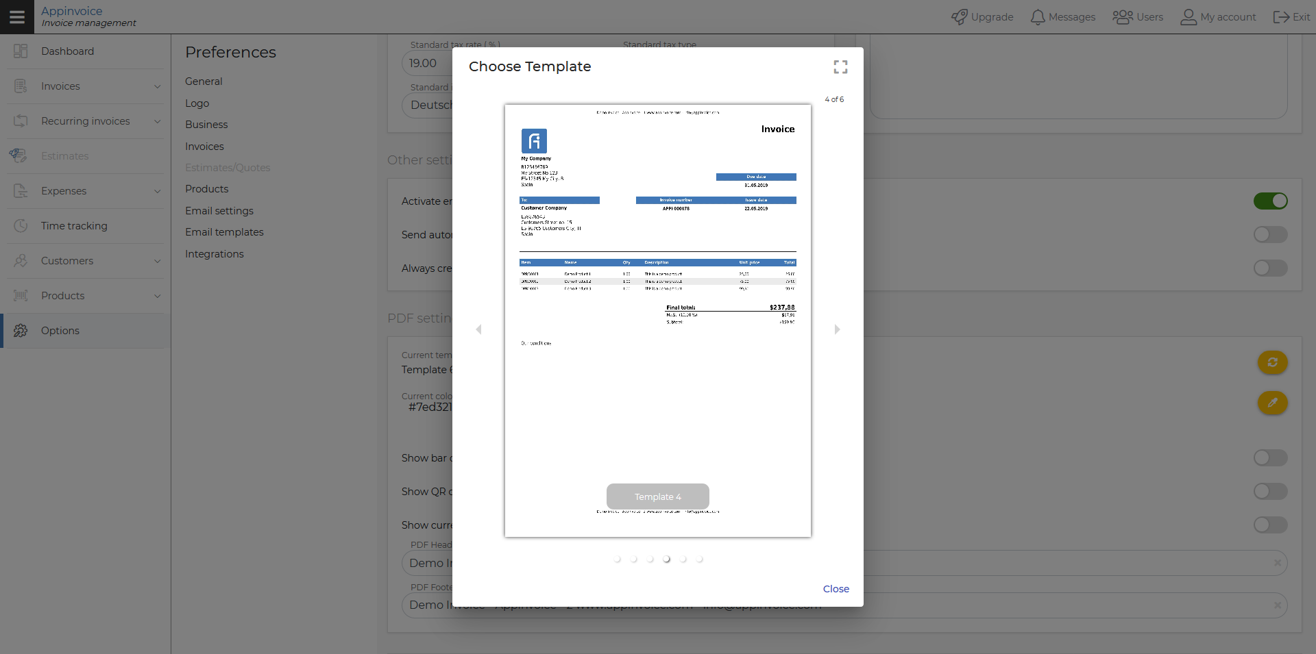 Change invoice template