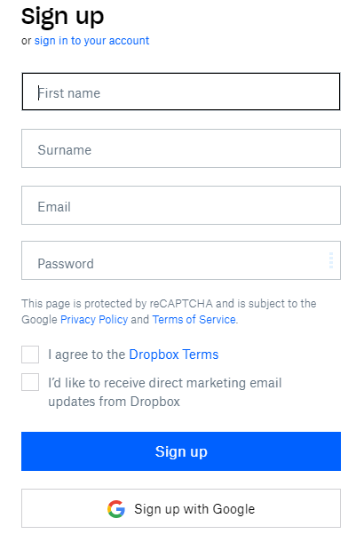 Create new Dropbox account