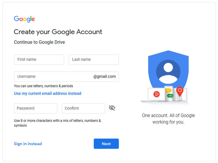 Create new Google Drive account next step