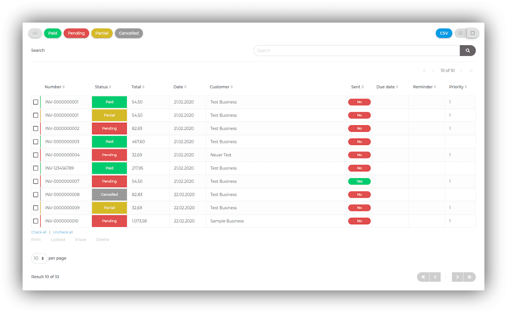 Online invoices